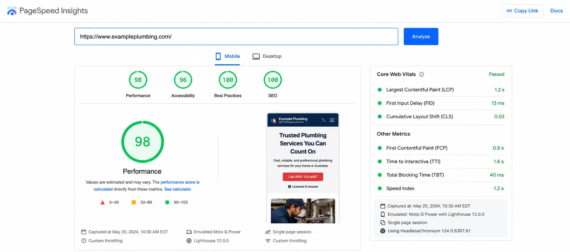 Google PageSpeed Insights result for a home service website