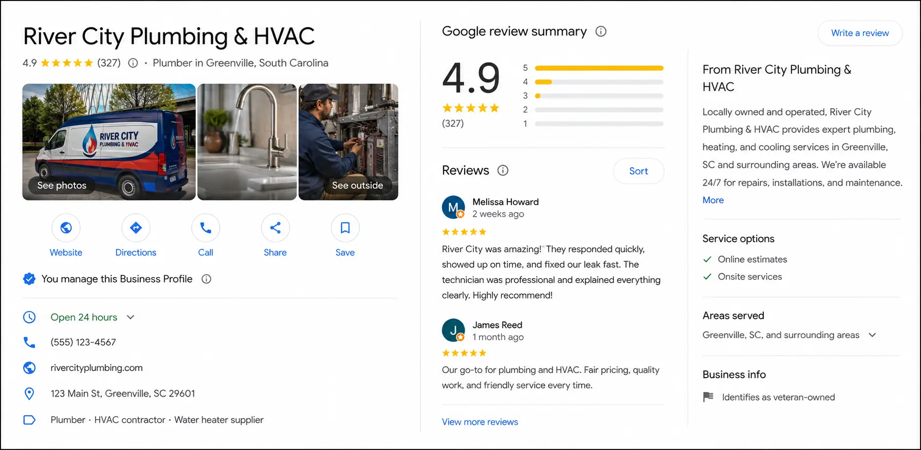 Screenshot of a well-optimised GBP for a home service business