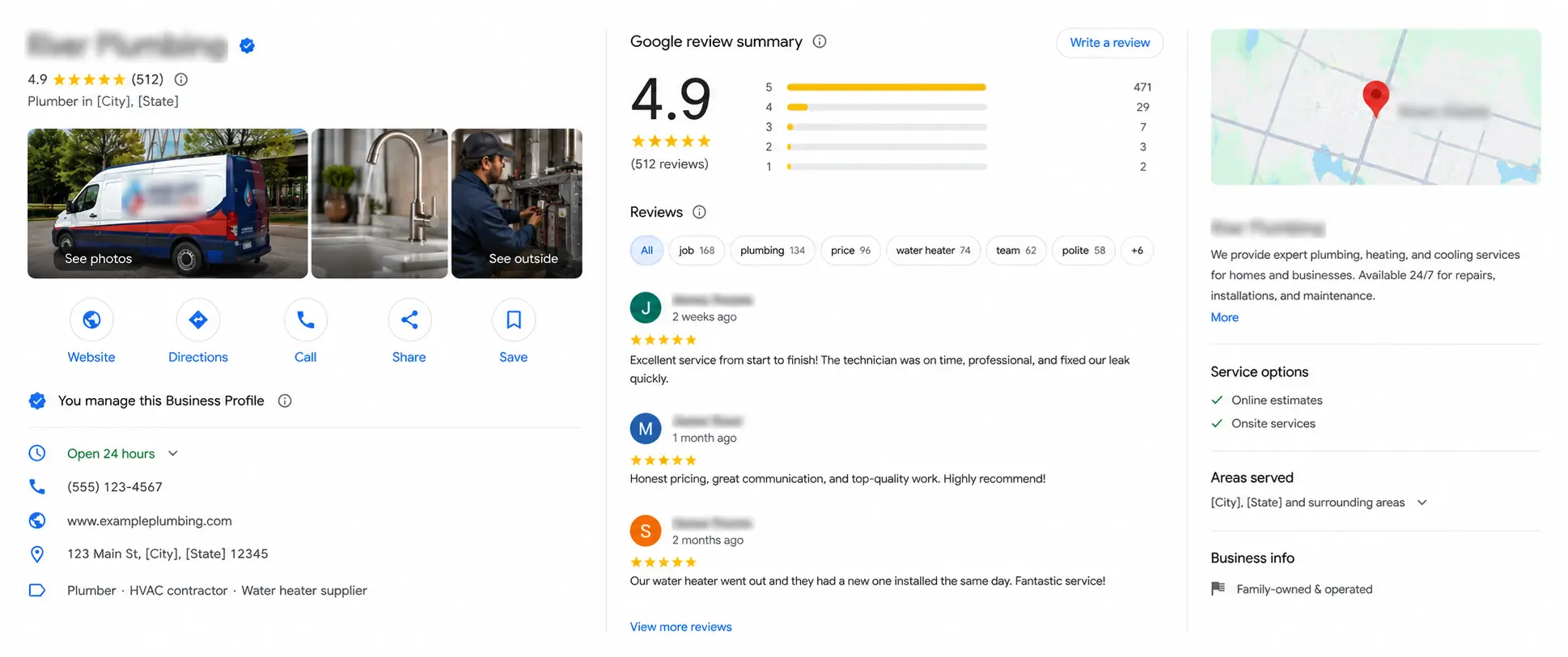 anonymised screenshot of a home service GBP with strong reviews